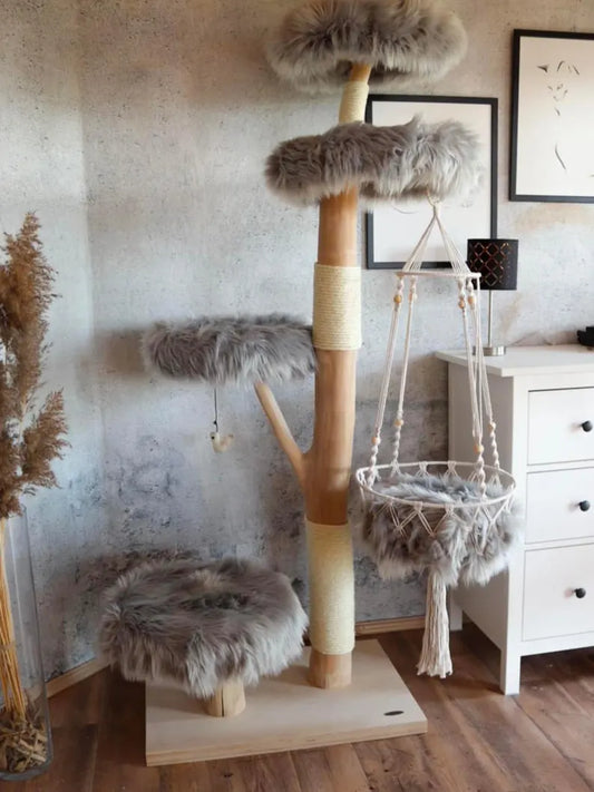 Octor Handmade Natural Wood Cat Tree with Large Perches, Swing & Climbing Tower